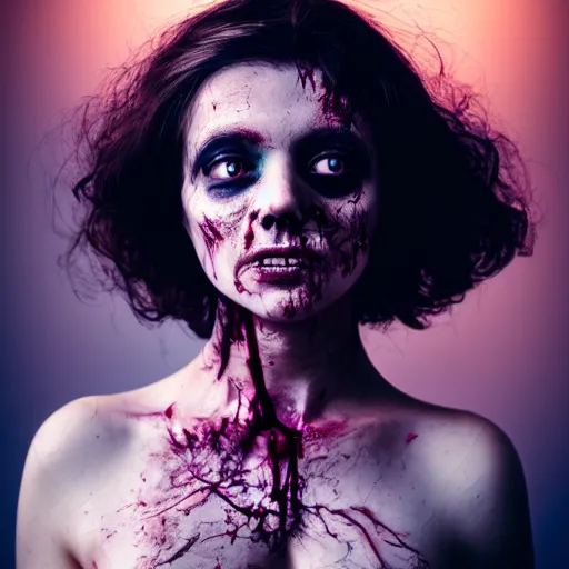Prompt: a beatiful zombie girl, down lighting, photo shoot, natural, glowing, shallow depth of field, 5 0 mm, full body!! symmetry