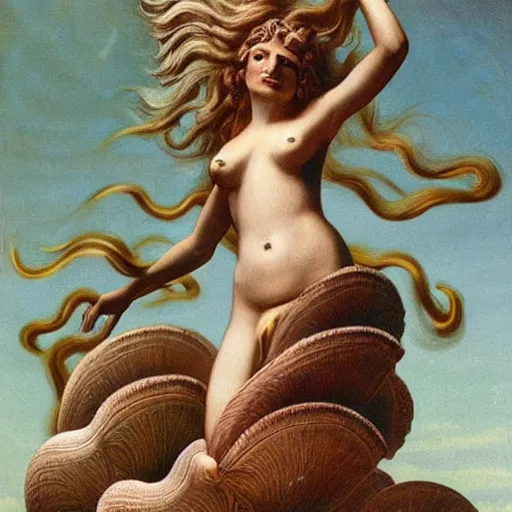 Image similar to The painting depicts the moment when the goddess Venus is born from the sea. She is shown standing on a giant clam shell, with her long, flowing hair blowing in the wind. The painting is full of light and color, and Venus looks like she is about to step into a beautiful, bright future. outrun, copper verdigris by Max Dupain, by Bruce Timm 3d render