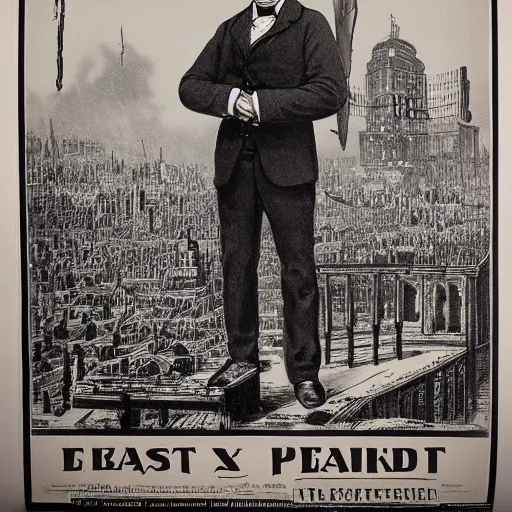 Image similar to 1 8 9 0 s capitalism poster, black and white engraving, eastern european look, with red ink used for emphasis, on antique yellowed paper. serious face of leader in the middle of poster, with intricate imagery of buildings and factories and laborers in the background