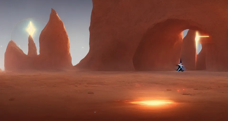 Image similar to an painting of activated star gate portal in desert, by greg rutkowski, octane render, lightbeams, digital art