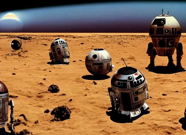 Image similar to screenshot of a wide shot of tropical planet Imperial Probe Droids from star wars, the 1970s film by Stanley Kubrick, attacking Han Solo, iconic scene, stunning cinematography, hyper-detailed, crisp, anamorphic lenses, kodak color film stock, 4k, stunning