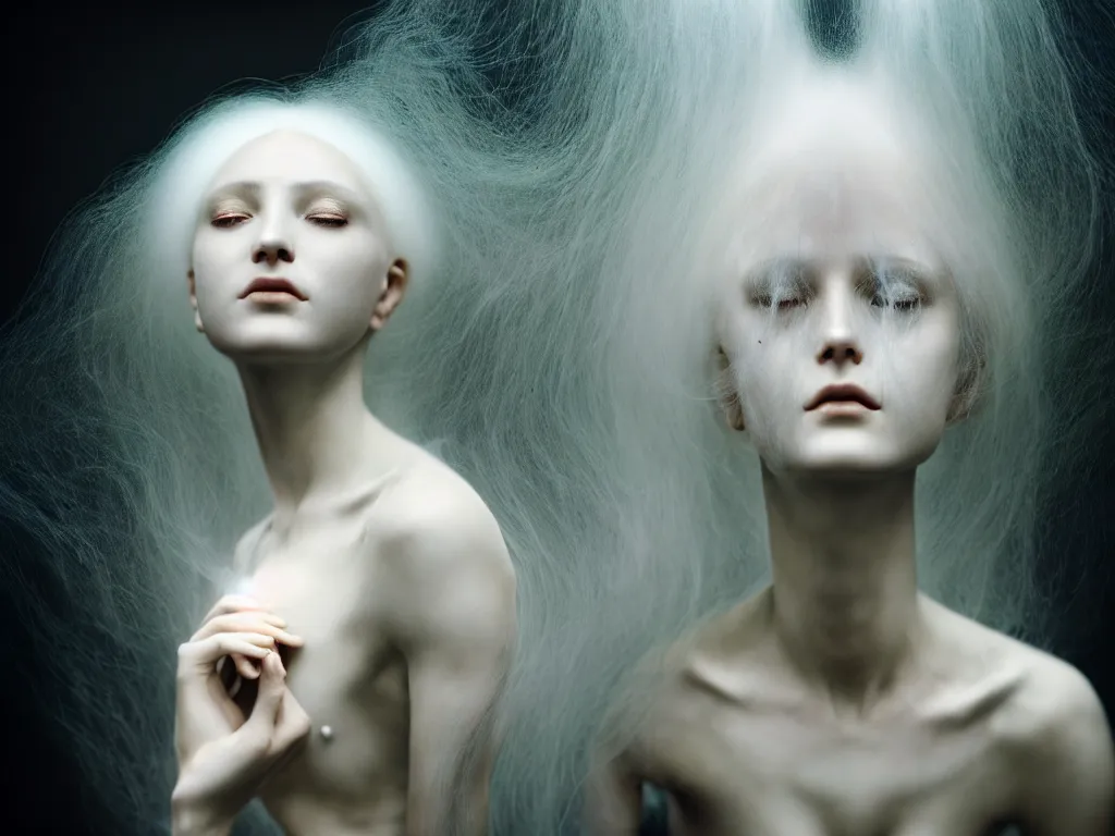Image similar to photo of a delicate, dreamy, feminine, subsurface scattering, white, young beautiful bio - mechanical cyborg in cosmos long white hair floating in air, fluid smoke art, black and white, octane render, dino valls, mark ryden, joe fenton, michal karcz, highly detailed, rim light, art, cinematic lighting, hyper realism, 8 k