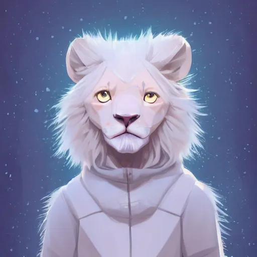 Image similar to aesthetic portrait commission of a albino male furry anthro low-poly lion wearing a cute mint colored cozy soft pastel winter outfit, winter Atmosphere. Character design by charlie bowater, ross tran, artgerm, and makoto shinkai, detailed, inked, western comic book art, 2021 award winning painting