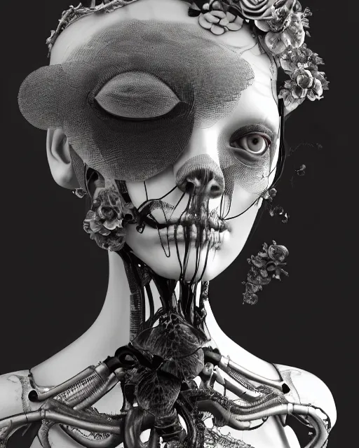 Image similar to black and white dreamy foggy smoky profile face portrait, one silver steampunk eye biomechanical beautiful young female cyclope - cyborg - robot bust, body ribs meshes,, volumetric light, hibiscus flowers, by hg giger, rim light, by dora maar and cecile beaton, big gothic fashion pearl embroidered collar, 8 k