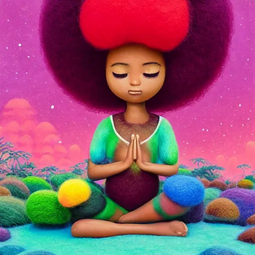 Image similar to a black girl with a colorful afro and big beautiful eyes meditating in an african zen garden with a waterfall!!, bokeh!, bright colors, synthwave, watercolor, volumetric wool felting, felt, macro photography, children illustration, by goro fujita