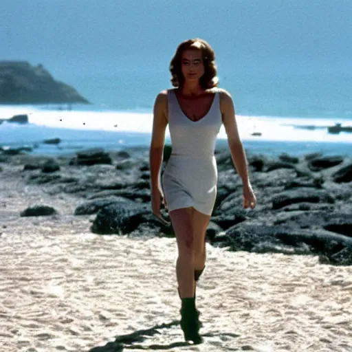 Image similar to bond girl walking at beach, photo, Hollywood movie