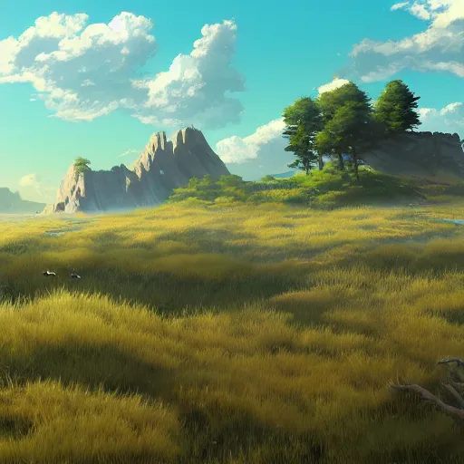 Prompt: concept art painting of a marsh on top of a mountain plateau with forest below, realistic, detailed, cel shaded, in the style of makoto shinkai and greg rutkowski and james gurney