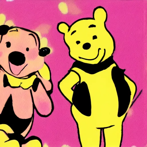 Prompt: photograph of Winnie the Pooh and The Pink Panther in a strip club