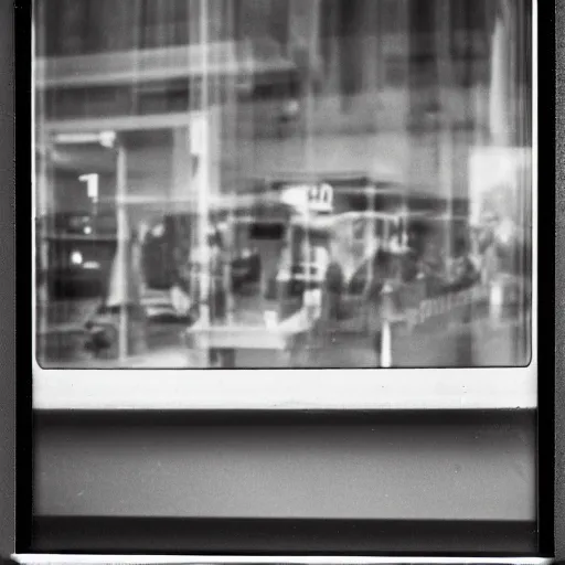 Prompt: polaroid street photo behind glass high contrast