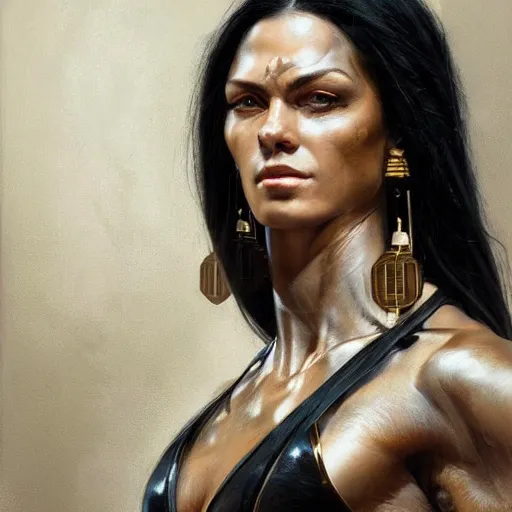 Prompt: detailed oil portrait of tall muscular bronze - skinned warrior woman with shining silver eyes, with long flowing black hair and big gold earrings, jewelry, makeup, feminine, volumetric lighting, dynamic composition, art by sachin teng and sergey kolesov and ruan jia and heng z, scifi, concept art