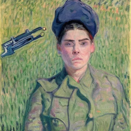 Image similar to a female soldier holding a a staple gun to her own head and looking depressed by monet