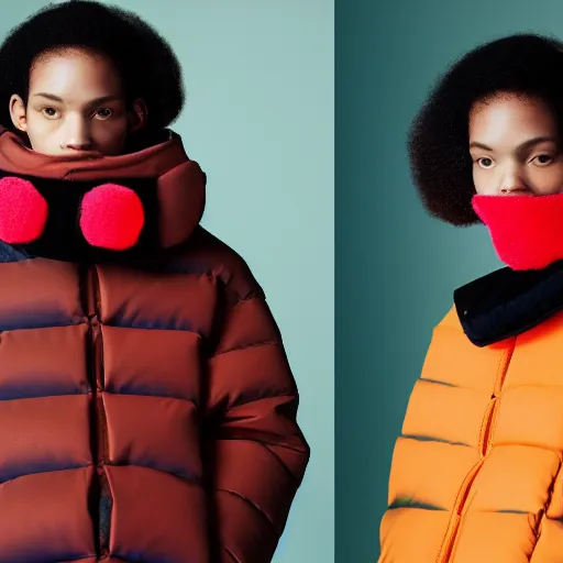 Image similar to realistic photoshooting for a new issey miyake lookbook, color film photography, portrait of a beautiful woman, model is wearing a puffer mask, in style of tyler mitchell, 3 5 mm,