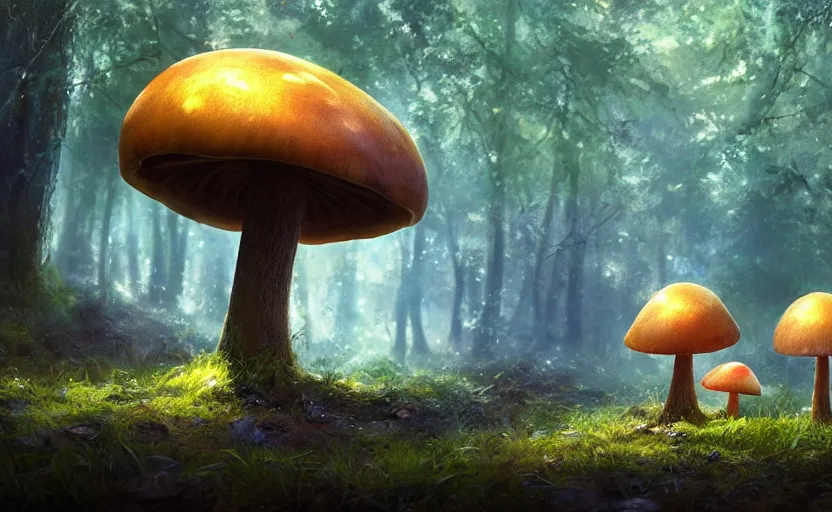 Prompt: a glowing mushroom in a magical forest, painting by craig mullins, octane rendering, soft morning lighting, wide angle lens, in the style of hayao miyazaki, trending on artstation,