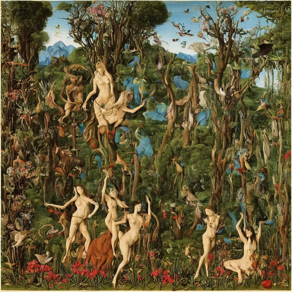 Image similar to a photograph of a meditating centaur shaman and a harpy mermaid feeding animals. surrounded by bulbous flowers, a few trees and wild animals. river delta with mountains under a blue sky full of burning stars and birds. painted by jan van eyck, max ernst, ernst haeckel, ernst fuchs and artgerm. trending on artstation