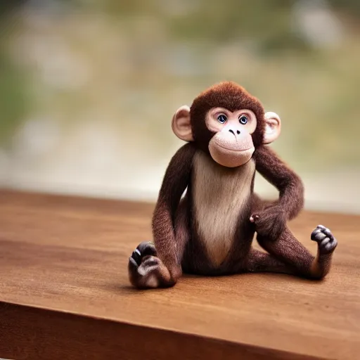 Image similar to a very beautiful stuffed monkey on a table. shallow focus. f 0. 9 5