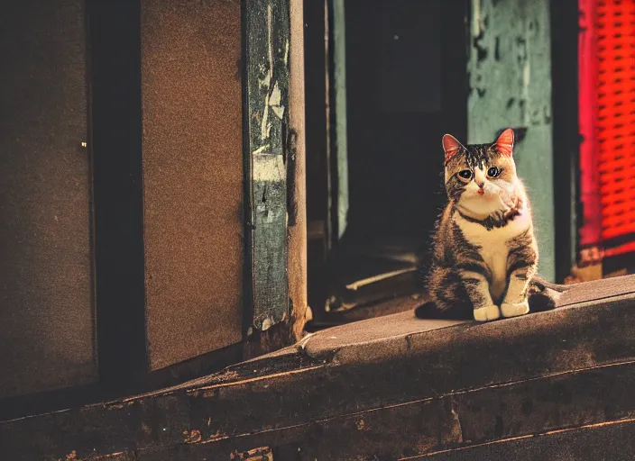 Image similar to photography of a Cat sitting on a box. in a cyberpunk street, award winning photo, colors, 100mm, sharp, high res