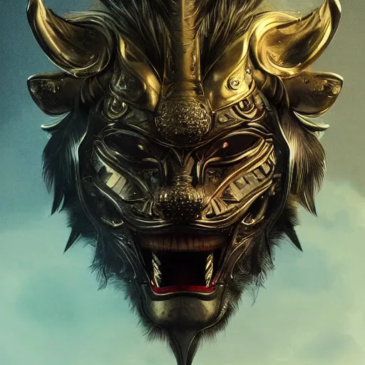 Image similar to Very very very very highly detailed epic photo of face with angry lion venetian mask, intricate, dystopian, sci-fi, extremely detailed, digital painting, artstation, concept art, smooth, sharp focus, illustration, intimidating lighting, incredible art by Artgerm and Vincent di Fate