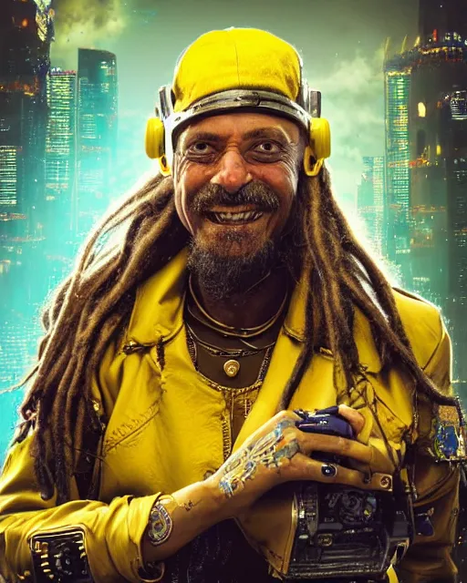 Prompt: an intimate portrait of a gnarly human cyberpunk captain, old skin, cap, dreadlocks, friendly, charming, strong leader, a look of cunning, big smile, detailed matte fantasy painting, golden cityscape, lasers, sparks, yellow and blue and cyan