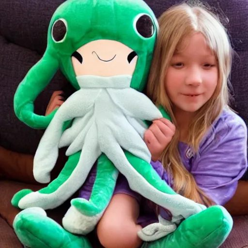 Image similar to a small girl hugging her plush Cthulhu in pajamas