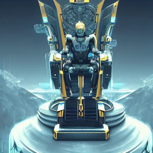 Image similar to Highly detailed digital painting of sci-fi futuristic AI king on robotic futuristic throne Trending on Artstation HQ, 4K, UHD, High quality, cyberpunk