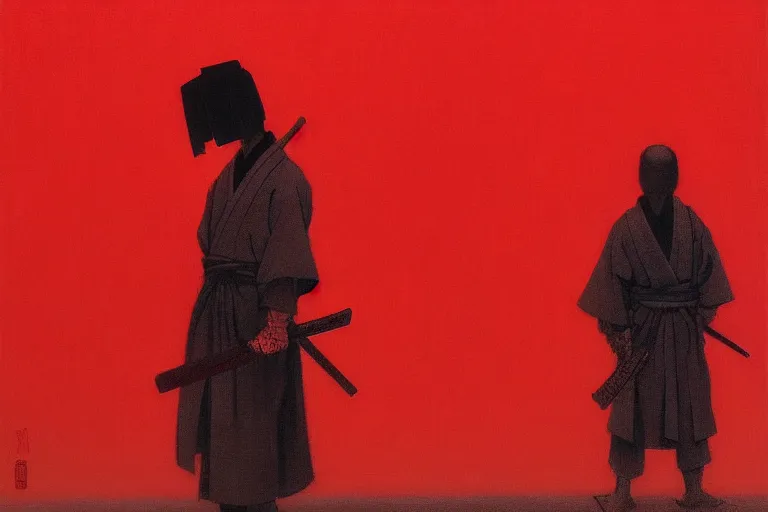 Image similar to only with red, a red samurai harakiri, tokio, a lot of frogs watch, in the style of beksinski, parts by edward hopper, parts by rodcenko, parts by yue minjun, intricate and epic composition, red by caravaggio, insanely quality, highly detailed, masterpiece, red light, artstation, 4 k