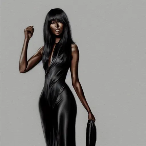 Image similar to full figure ultra realistic illustration, naomi campbell wearing a black pantsuit in a new york city office, intricate, elegant, highly detailed, digital painting, artstation, concept art, smooth, sharp focus, illustration, art by artgerm and greg rutkowski and alphonse mucha