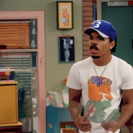 Image similar to a tv still of Chance The Rapper starring as a black college student at Jones College Prep in a 1993 sitcom