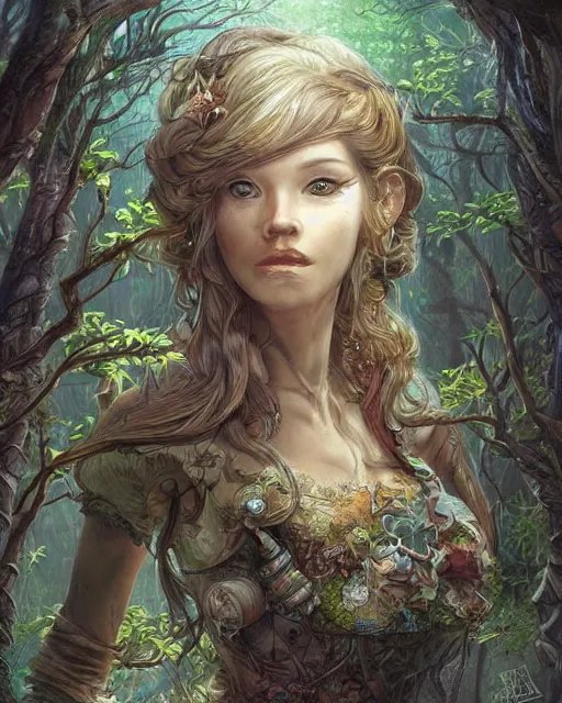 Image similar to A beautiful maid in a magical forest, beautiful face, very detailed face, fantasy art, in the style of JOHN STEPHENS, illustration, epic, fantasy, intricate, hyper detailed, artstation, concept art, smooth, sharp focus