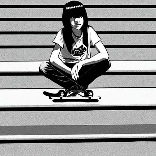 Image similar to skater girl sitting on steps by scott pilgrim, by bryan lee o'malley