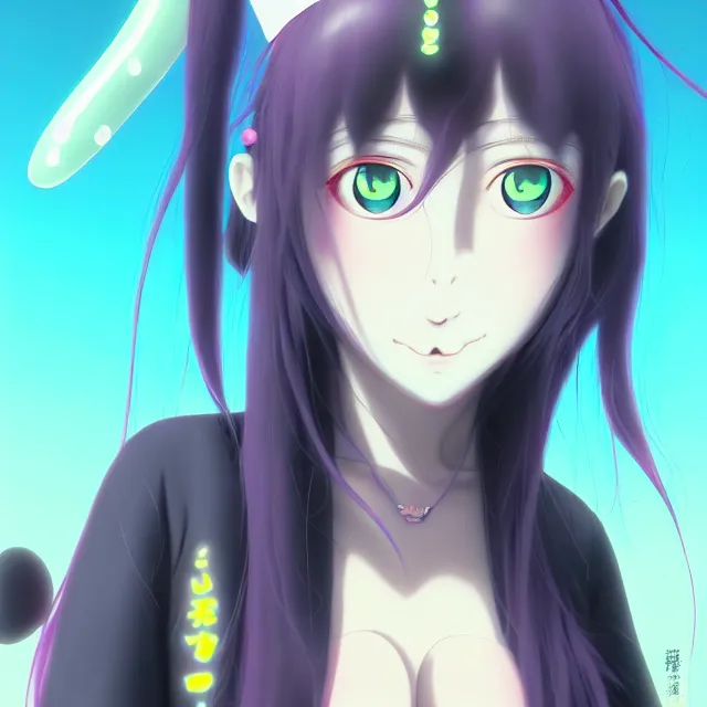 Prompt: eyes, portrait of a beautiful slime woman by aramaki shinji, tsurumaki kazuya, smug, 8 k, hd, saturated, flcl, hyperreality, masterpiece, symmetry