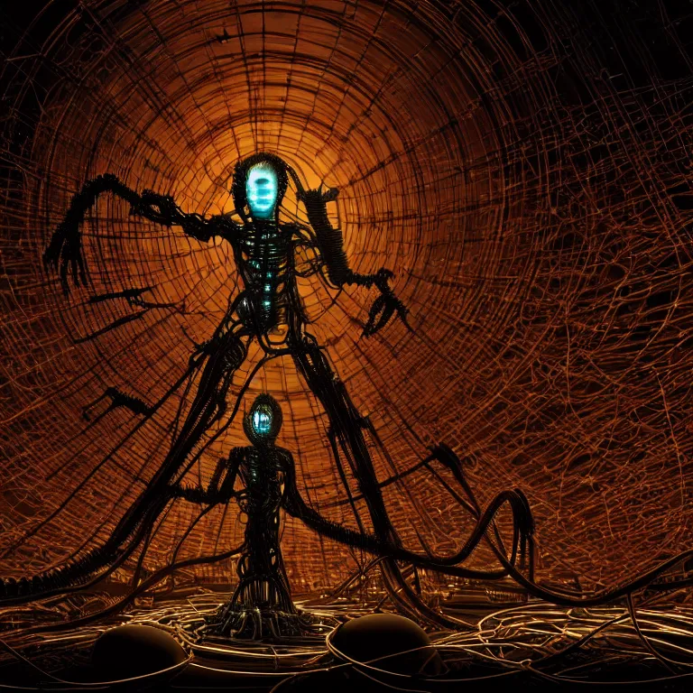 Prompt: ribbed symmetrical surreal abandoned alien religious statue on exoplanet, covered with wires, cables, neon light tubes, in a desolate empty wasteland, creepy, nightmare, dream-like heavy atmosphere, surreal abandoned buildings, beautiful detailed intricate insanely detailed octane render trending on Artstation, 8K artistic photography, photorealistic, chiaroscuro, Raphael, Caravaggio, Beksinski, Giger