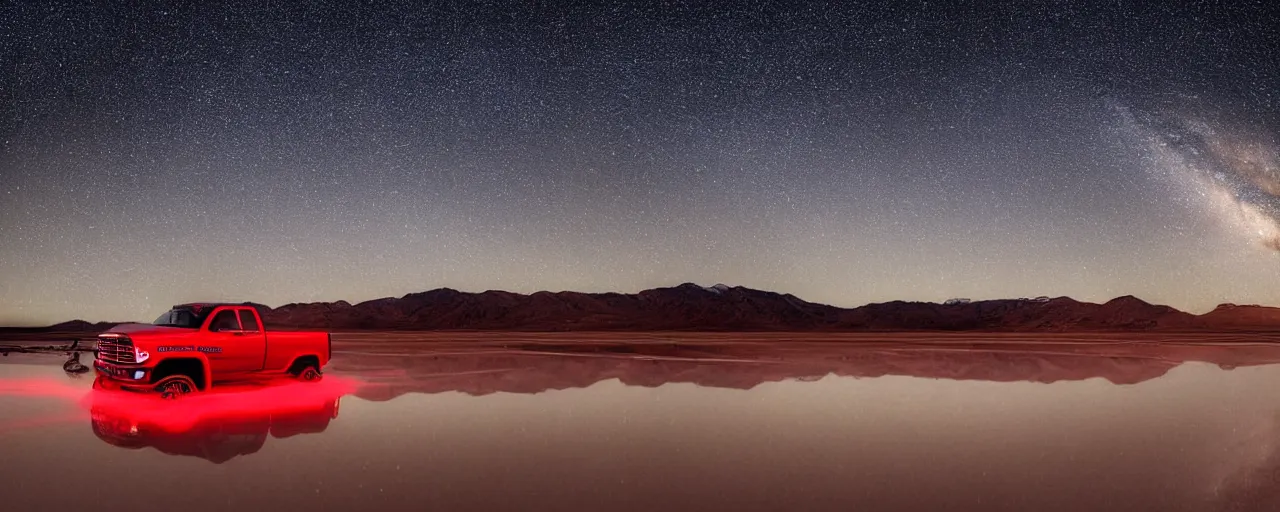 Prompt: dodge ram red power wagon speeding on wet salt flats at night, reflections, long exposure, milky way, Sayem Reza, poster