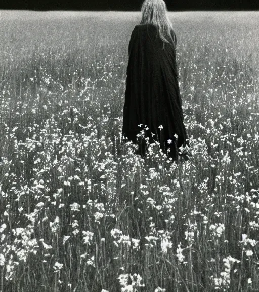 Image similar to mystical black death god standing in tall meadow of flowers, distant, vintage film photo, grainy, high detail, high resolution