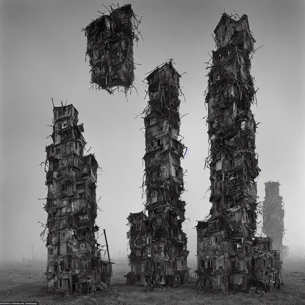 Image similar to two towers, made up of makeshift squatter shacks, misty, dystopia, mamiya rb 6 7, fully frontal view, very detailed, digital glitches, photographed by ansel adams