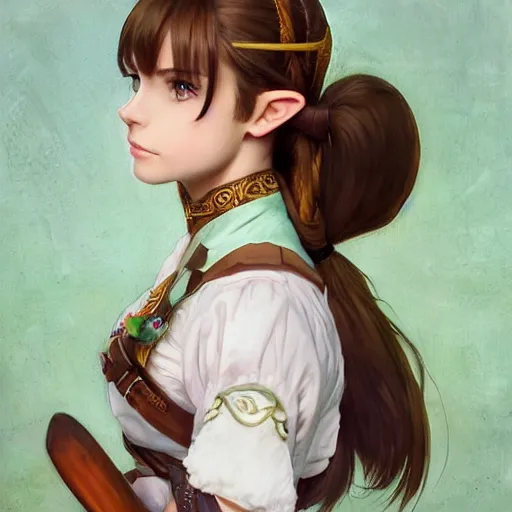 Prompt: full body of a beautiful zelda high school girl, brown hair, ponytail, white ribbon, green eyes, full perfect face, western, fantasy, intricate, elegant, highly detailed, digital painting, artstation, detailed school background, matte, sharp focus, illustration, art by Artgerm, Greg Rutkowski, Alphonse Mucha, Sasoura, Satchely, no distorsion