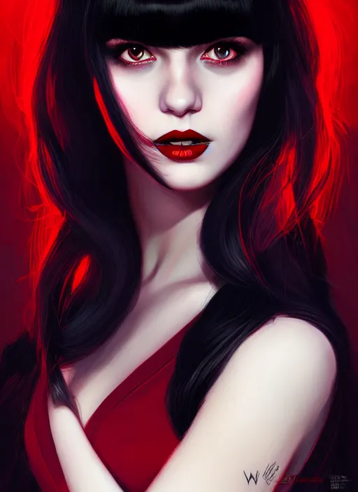 Image similar to portrait of vampire veronica lodge with bangs, vampire fangs, vampire, long hair, red clothes, bangs, vampironica, intricate, elegant, glowing lights, highly detailed, digital painting, artstation, concept art, smooth, sharp focus, illustration, art by wlop, mars ravelo and greg rutkowski