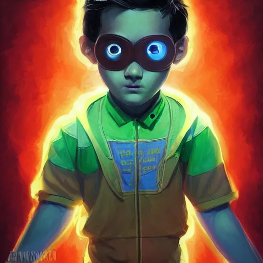 Prompt: a young man with short wavy brown hair and glowing green eyes as a super hero, pixar cute, highly detailed, sharp focus, neon color, digital painting, artwork by Jeremiah Ketner + Mati Klarwein + Fintan Magee + Chris Mars, background artwork by greg rutkowski