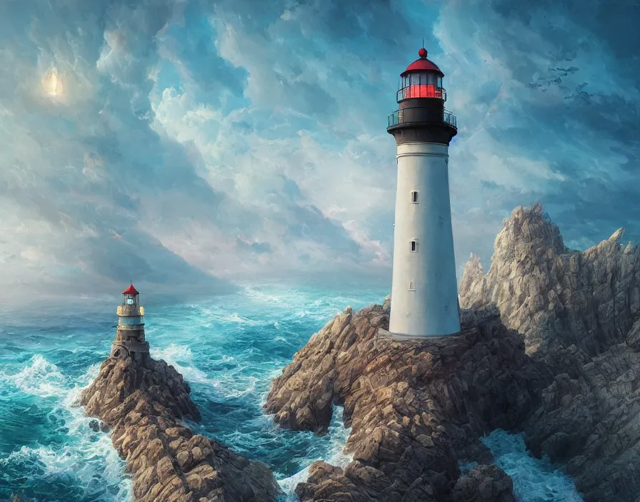 Image similar to fantasy painting of a lighthouse on the edge of a cliff overseeing a vast ocean, complex, detailed, intricate abstract. delicate artwork. by Tooth Wu, wlop, beeple, dan mumford. octane render, trending on artstation, greg rutkowski very coherent symmetrical artwork. cinematic, hyper realism, high detail, octane render, 8k, depth of field, bokeh. chrome accents.