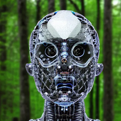 Image similar to very detailed portrait 55mm photo of a mechanical head without skin, with crystal bones and optic fiber nerves, gears in his head and cybernetic enhancements no plating. Packed with cybernetics. Has cameras for eyes. In the forest with bokeh. Ray tracing and tessellation. Very sharp high detailed 8k image