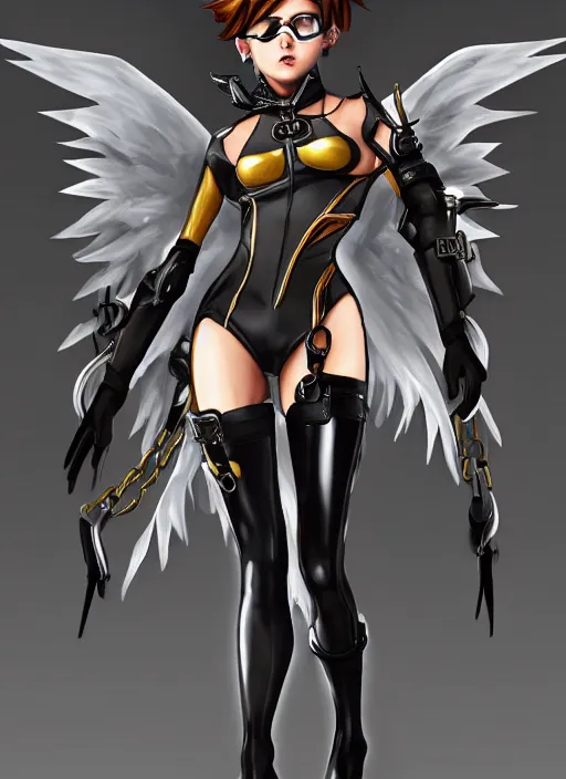 Image similar to full body artwork of tracer overwatch, wearing black latex outfit, in style of mark arian, angel wings, dramatic painting, wearing detailed leather collar with chain, black shiny armor, chains, black harness, detailed face and eyes,