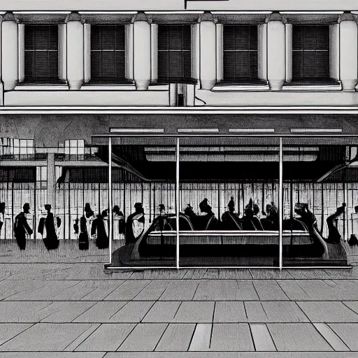 Prompt: dark city bus stop, by MC Escher, very detailed,ArtStation