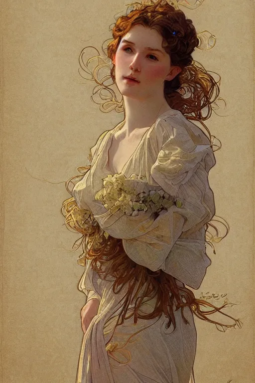 Image similar to beautiful natural coy cottagecore peasant maiden life drawing, intricate, elegant, highly detailed, digital painting, artstation, concept art, smooth, sharp focus, illustration, art alphonse mucha and james gurney and wlop