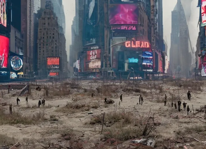 Image similar to film still of post apocalyptic empty time square, overgrown with wildlife walking through in the new sci - fi movie, 8 k