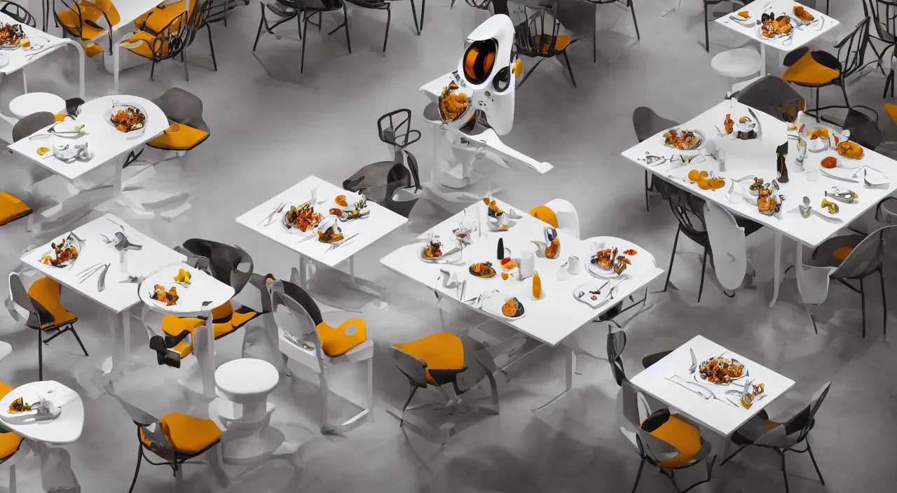 Image similar to three large white glossy kuka industrial robot arms on the floor around a dinner table, the kuka industrial robot arms are wearing bow ties, the table is full of food, they are having dinner inside a fine dining restaurant with mid century modern furniture and decor, global illumination, artstation, fantasy