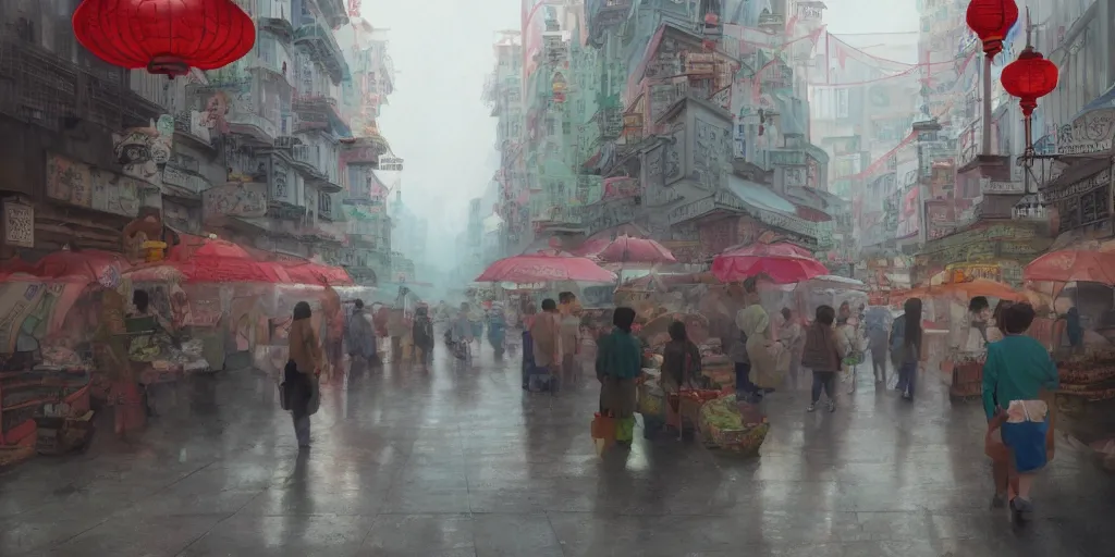 Image similar to morning market in chinatown, slightly foggy day, matte painting, studio ghibli, artstation