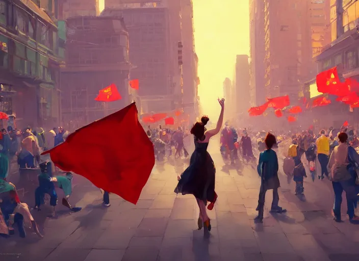 Prompt: gorgeous inspiring girl enthusiastically waving a red flag over her head walking with celebrating crowd in a Mandelbrot fractal bustling modern Beijing by Craig Mullins, ilya kuvshinov, krenz cushart, artgerm trending on artstation by Edward Hopper and Dan Mumford and WLOP and Rutkovsky, Unreal Engine 5, Lumen, Nanite