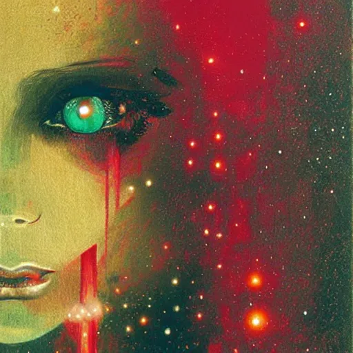 Prompt: beautiful sad female portrait looking down, red and green palette, night lights, starry sky, by ( h. r. giger ) and paul lehr