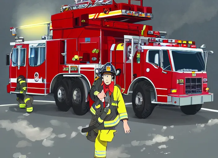 Image similar to firefighter driving a firetruck, anime fantasy illustration by tomoyuki yamasaki, kyoto studio, madhouse, ufotable, trending on artstation