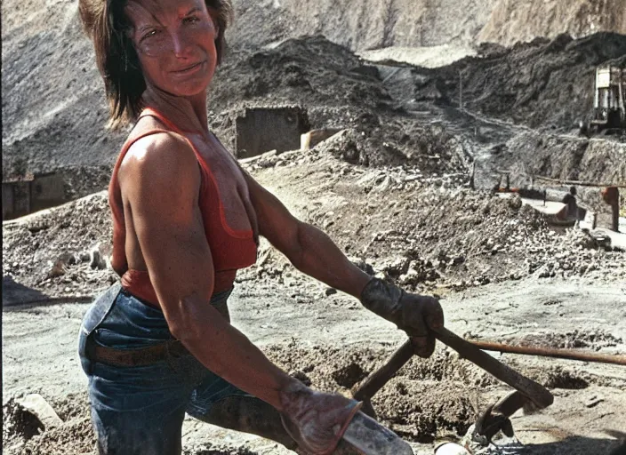 Image similar to 90's professional color photograph, A muscular woman who labors in the mines.