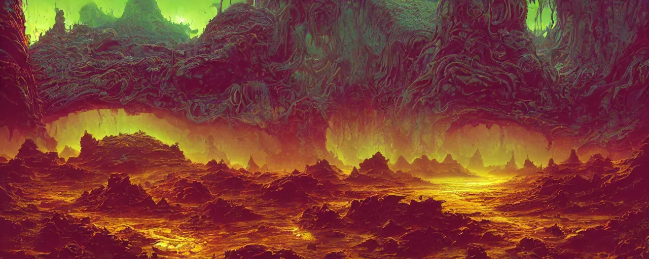 Prompt: ” slimy moist alien landscape, [ organic, liquid, disgusting, cinematic, detailed, epic, widescreen, opening, establishing, mattepainting, photorealistic, realistic textures, octane render, art by slop and paul lehr ] ”